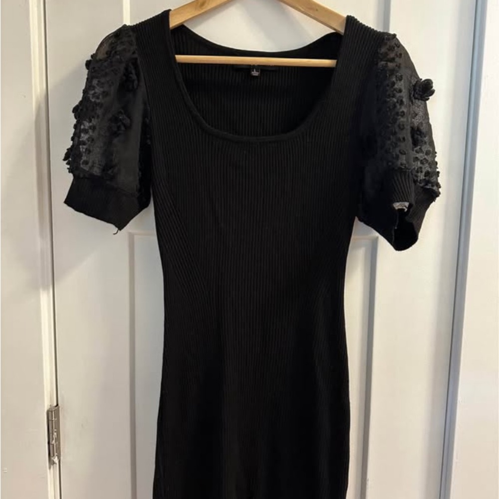Almost Famous Black Ribbed Mini Dress with Textured Puff Sleeves